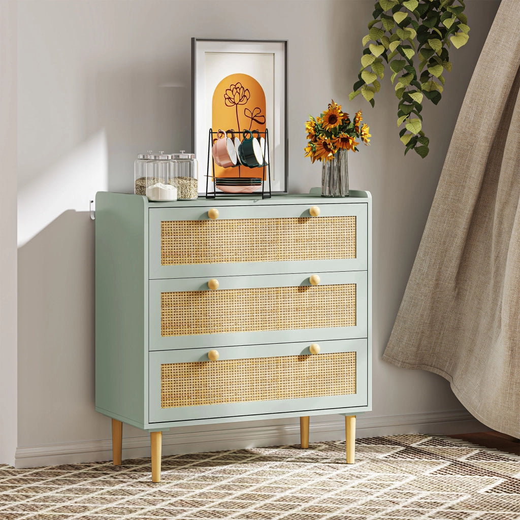 Cassettiera boh¨¦mien rattan naturale ¨C Xylo ¨C 3 cassetti verde oliva