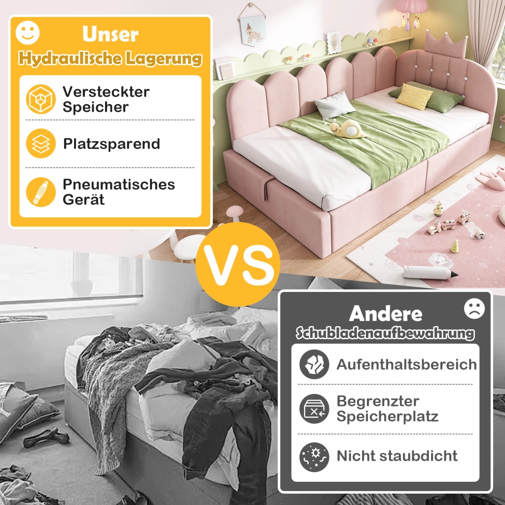 LETTO daybed 90x200 cm velluto rosa con contenitore idraulico