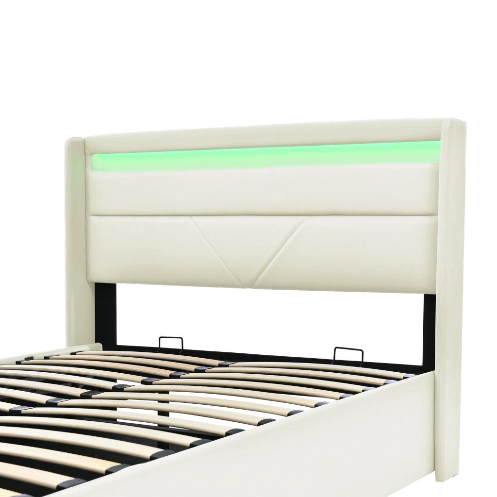 DESMIU Letto contenitore 140 × 200 cm 2 posti con LED, vano idraulico, senza materasso, in PU, bianco