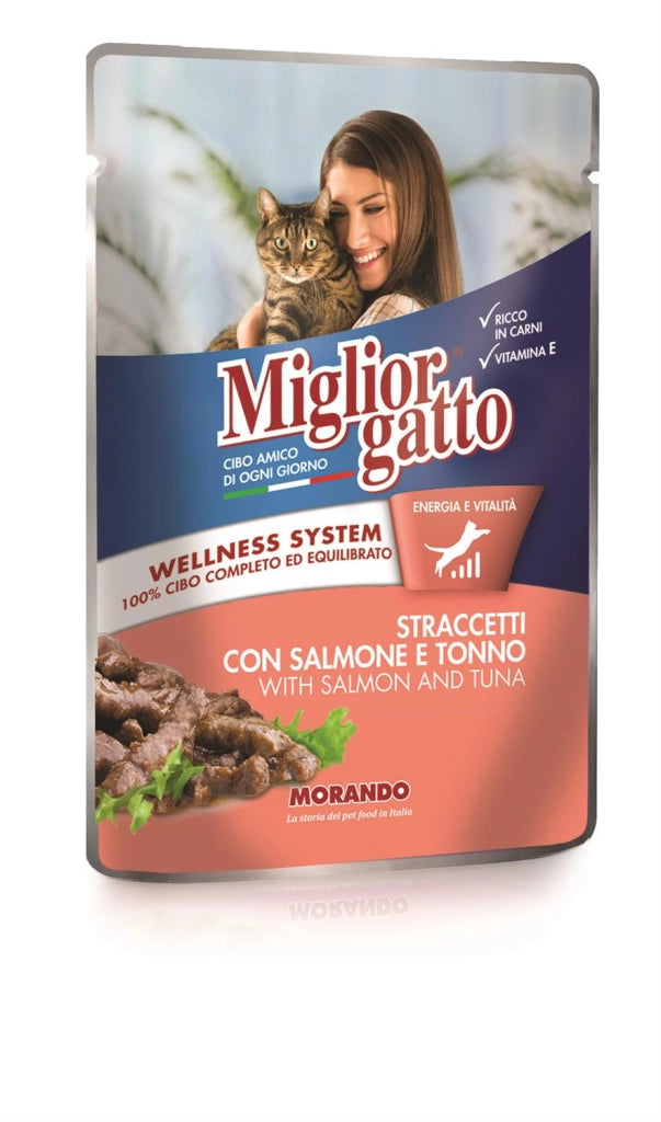 MIGLIOR GATTO STRACCETTI CON SALMONE E TONNO 100 GR