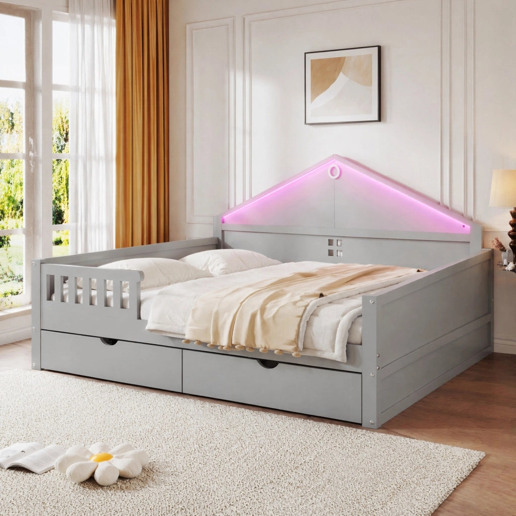 LETTO 140x200 cm con LED e 2 cassetti, grigio, legno di pino e MDF