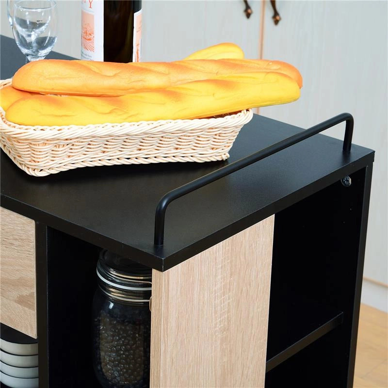 MOBILETTO DA CUCINA CON CASSETTI E RUOTE 76.5X40X82 CM IN LEGNO ROVERE E NERO
