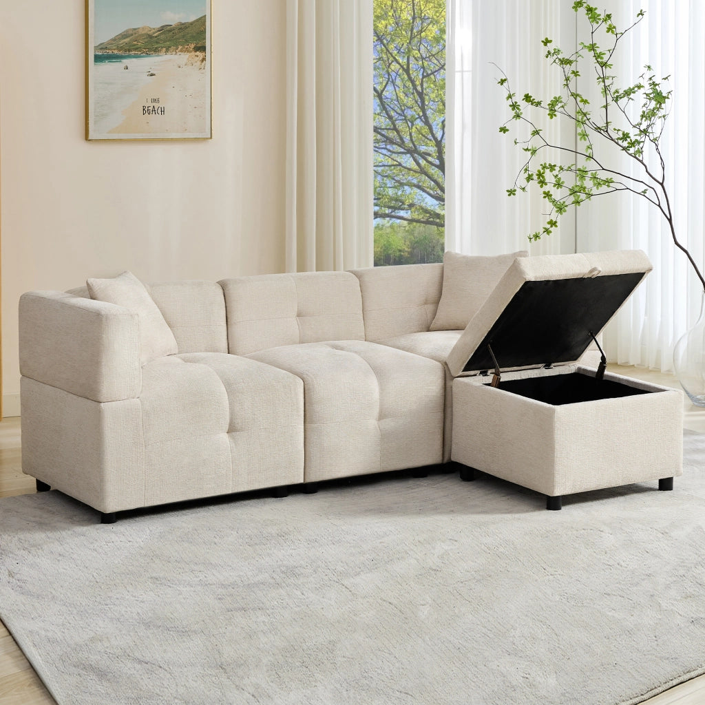 DIVANO MODULARE 3 POSTI 204x126x69 cm Chenille Beige con pouf contenitore e 2 cuscini