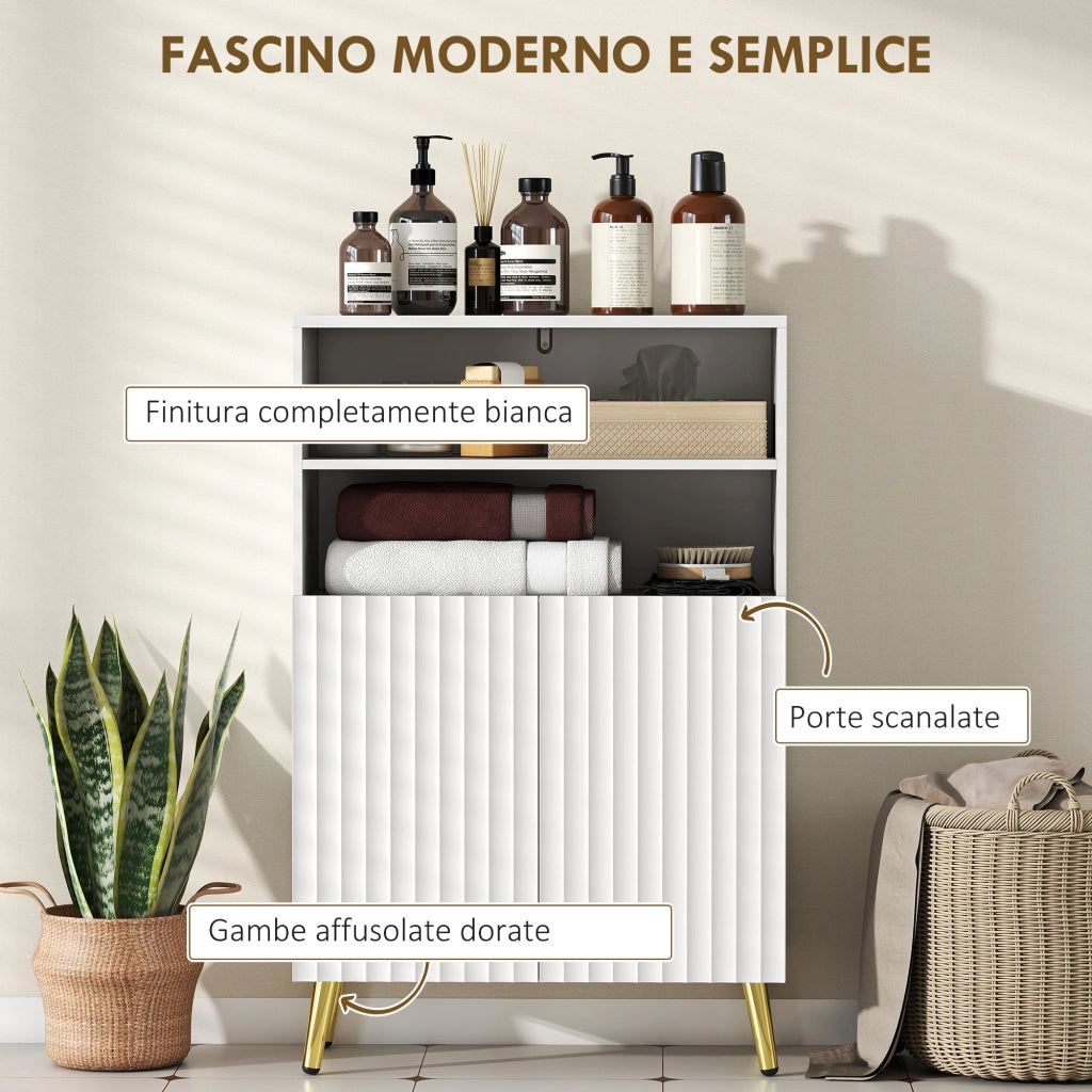 Mobiletto Bagno Moderno 60x31,8x93 cm con 2 Ripiani Aperti e Armadietto con Ante Ammortizzate in MDF Bianco