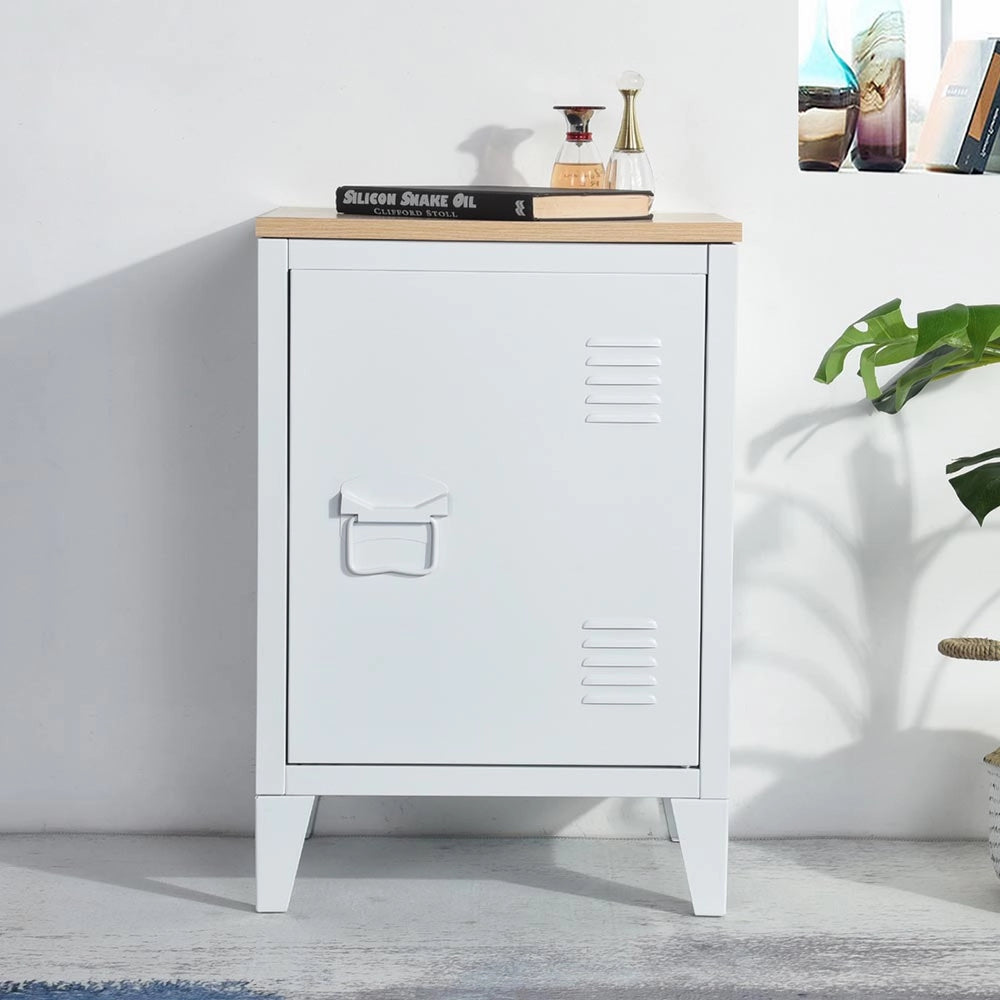 Mobiletto Comodino in Metallo e Legno MDF 2 Ripiani + Anta Design Moderno Bianco
