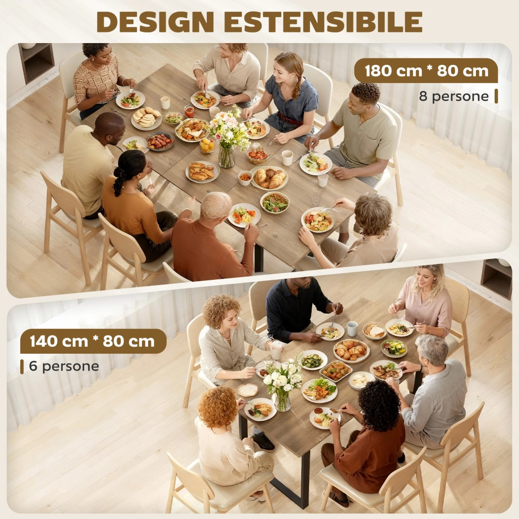 Tavolo da Pranzo Industriale per 6-8 Persone 180x80x75 cm con Ribalta Rotonda in Legno e Acciaio