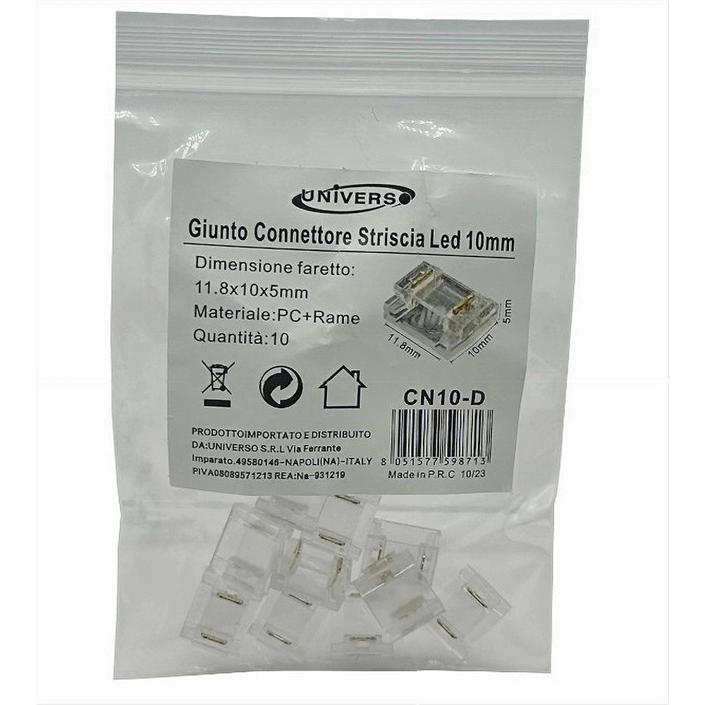 Trade Shop - Kit 10pz Connettore Trasparente Lineare Striscia Led Monocolore 2pin 10mm Cn10-d -