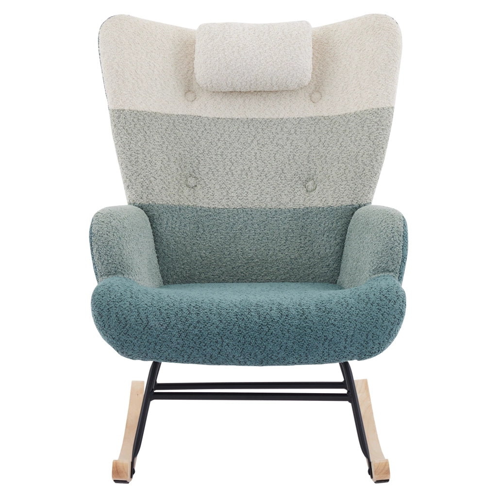 Poltrona Dondolo Boucl¨¦ con Poggiapiedi ¨C MINIMAL ¨C Patchwork, Gambe in Legno