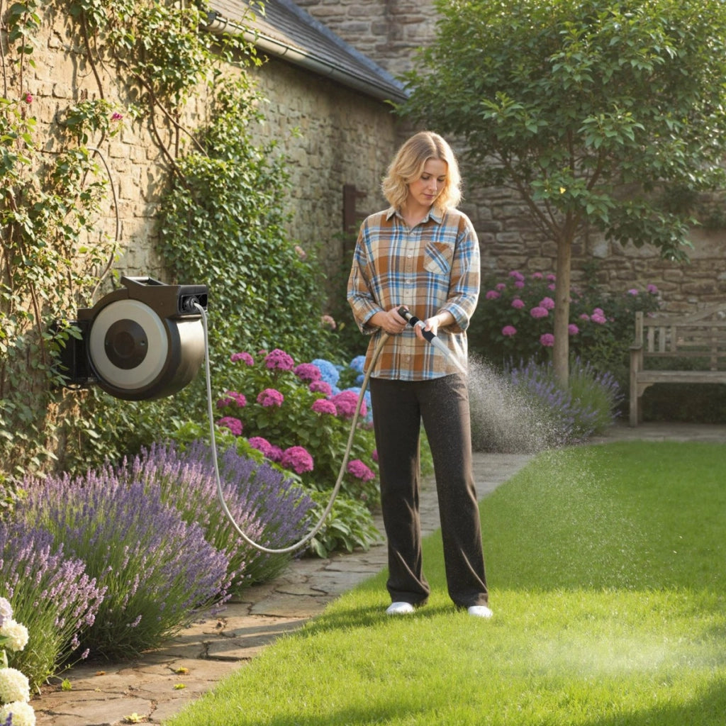 Avvolgitubo automatico con ritorno lento per patio e prato, Avvolgitubo da giardino retrattile con supporto girevole a 180¡ã-Attrezzi da giardino