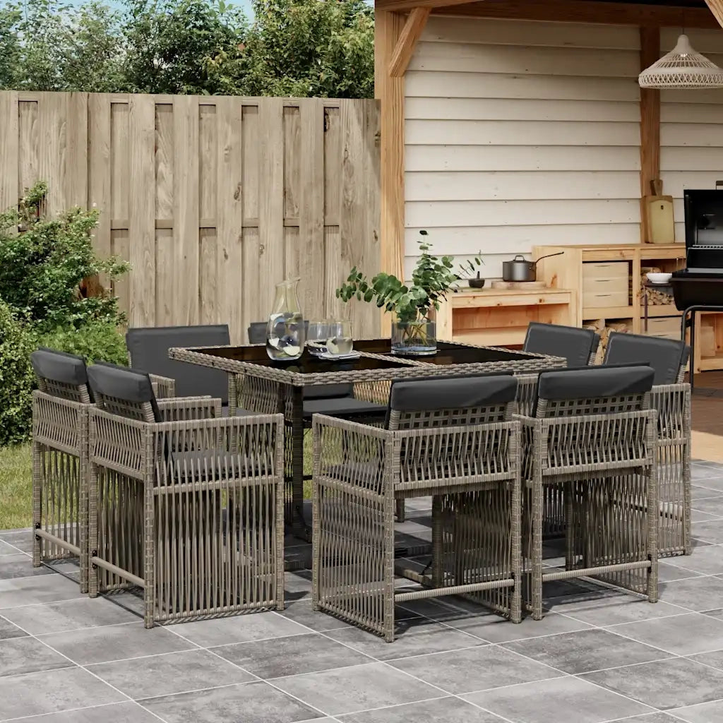 Set da Pranzo da Giardino 9 pz con Cuscini in Polyrattan Grigio