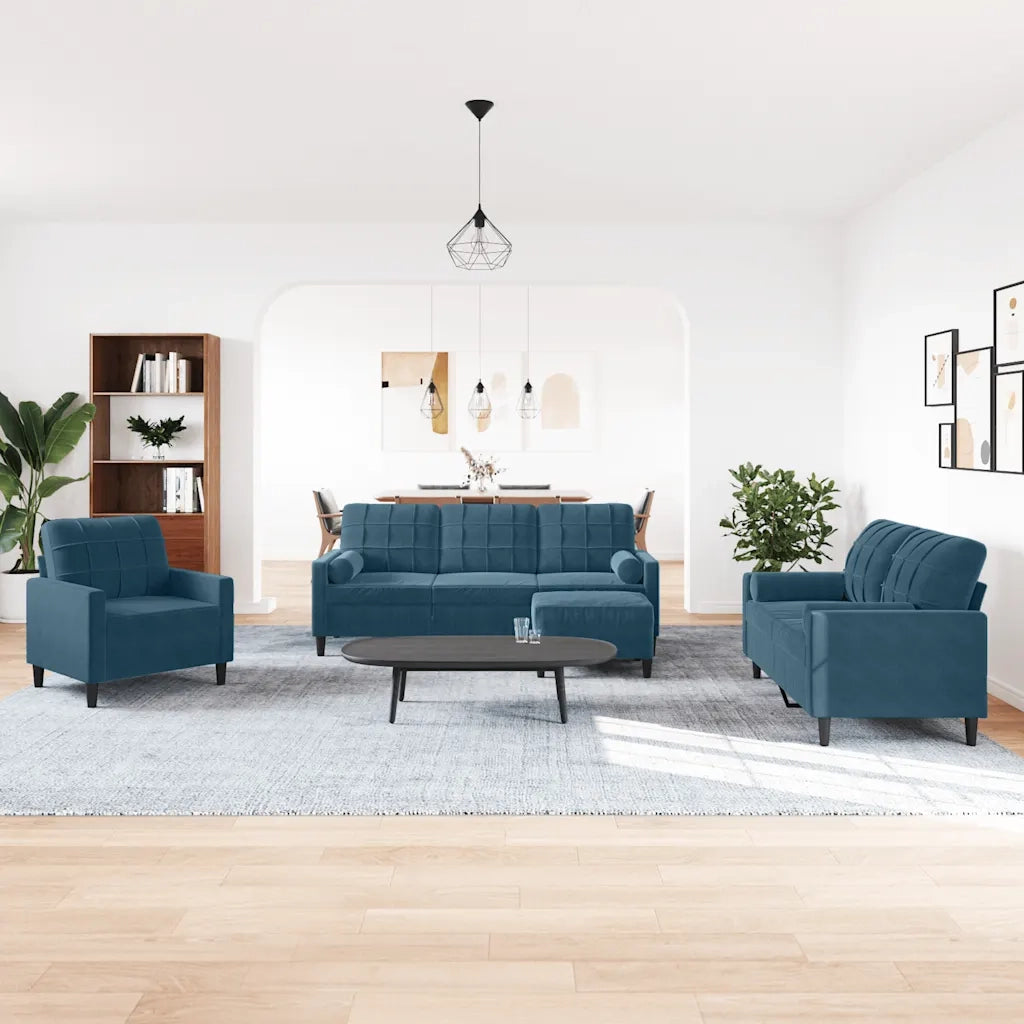 Set di Divani 4 pz con Cuscini e Rinforzi Blu in Velluto