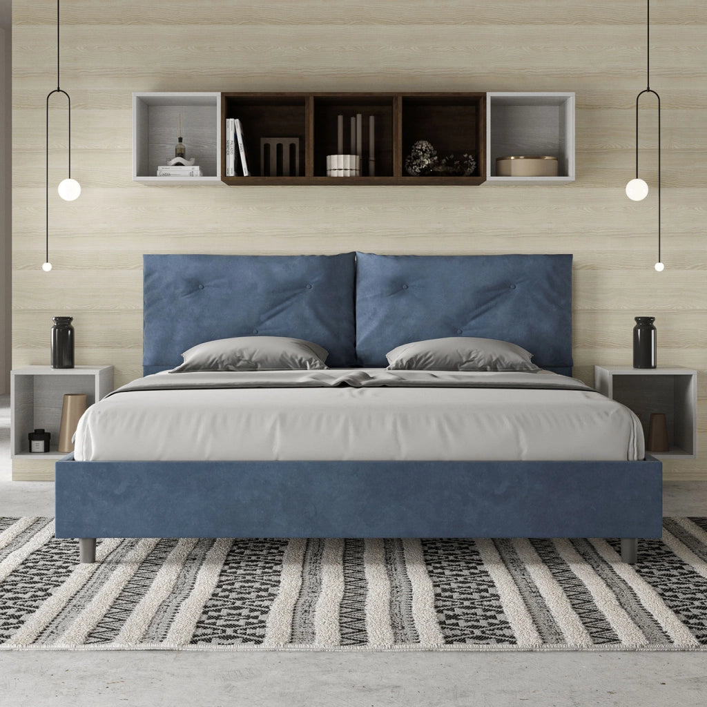 BS COM Letto matrimoniale king size senza rete imbottito 200x210 microfibra blu