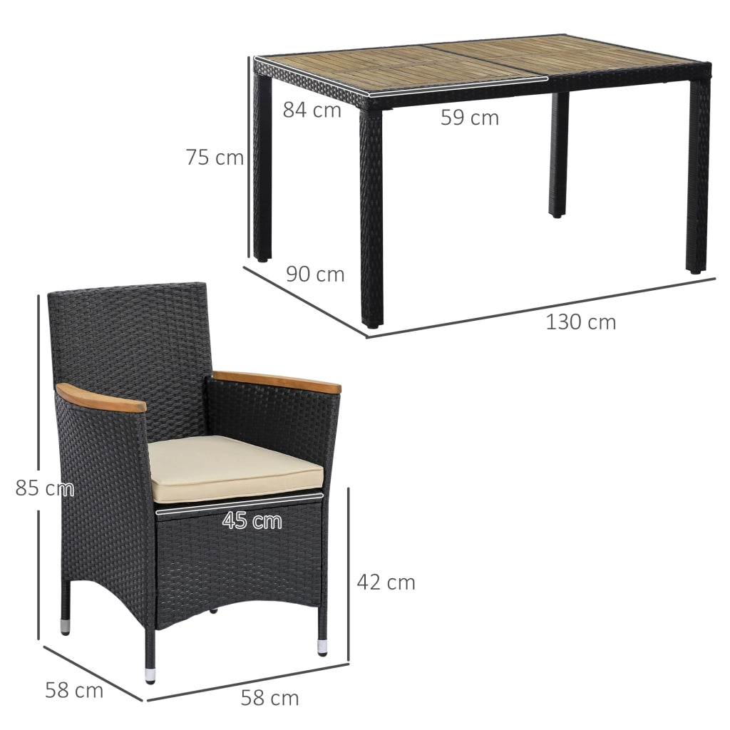 Set Tavolo e Sedie da Giardino 7 Pezzi in Polyrattan e Legno con Cuscini ¨C Minimal ¨C Nero