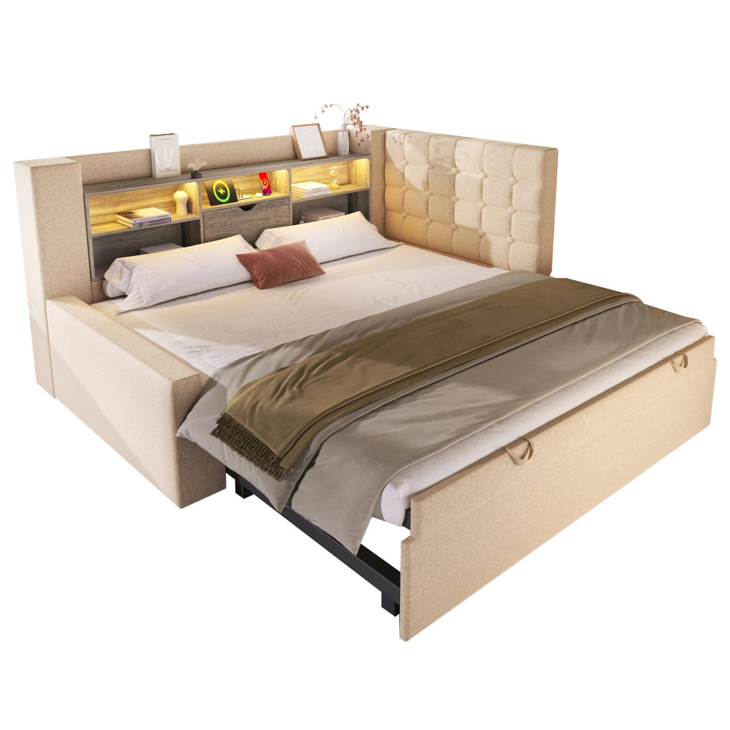 OKWISH Letto a Divano 90×200 cm, Letto Singolo con Letto Estraibile 90×190, LED Regolabile, USB e Tipo C, senza Materasso, Beige