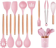 Set da cucina da 12 pezzi in silicone con teglia da cottura, set di cucchiai da cottura, completo di set di utensili da cucina, pentola da cottura resistente al calore, pentola antiaderente (rosa)