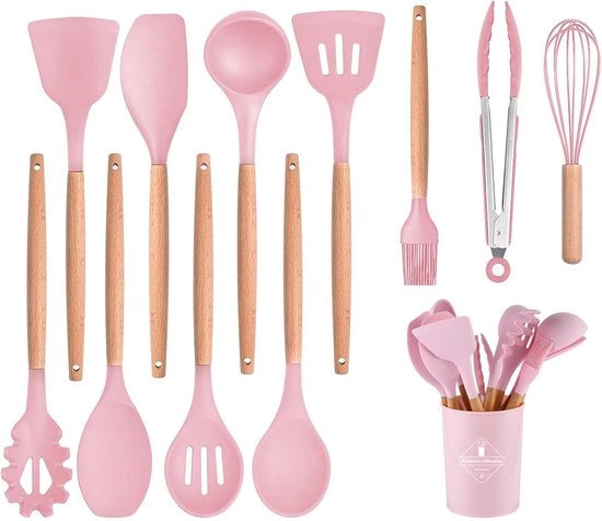 Set da cucina da 12 pezzi in silicone con teglia da cottura, set di cucchiai da cottura, completo di set di utensili da cucina, pentola da cottura resistente al calore, pentola antiaderente (rosa)
