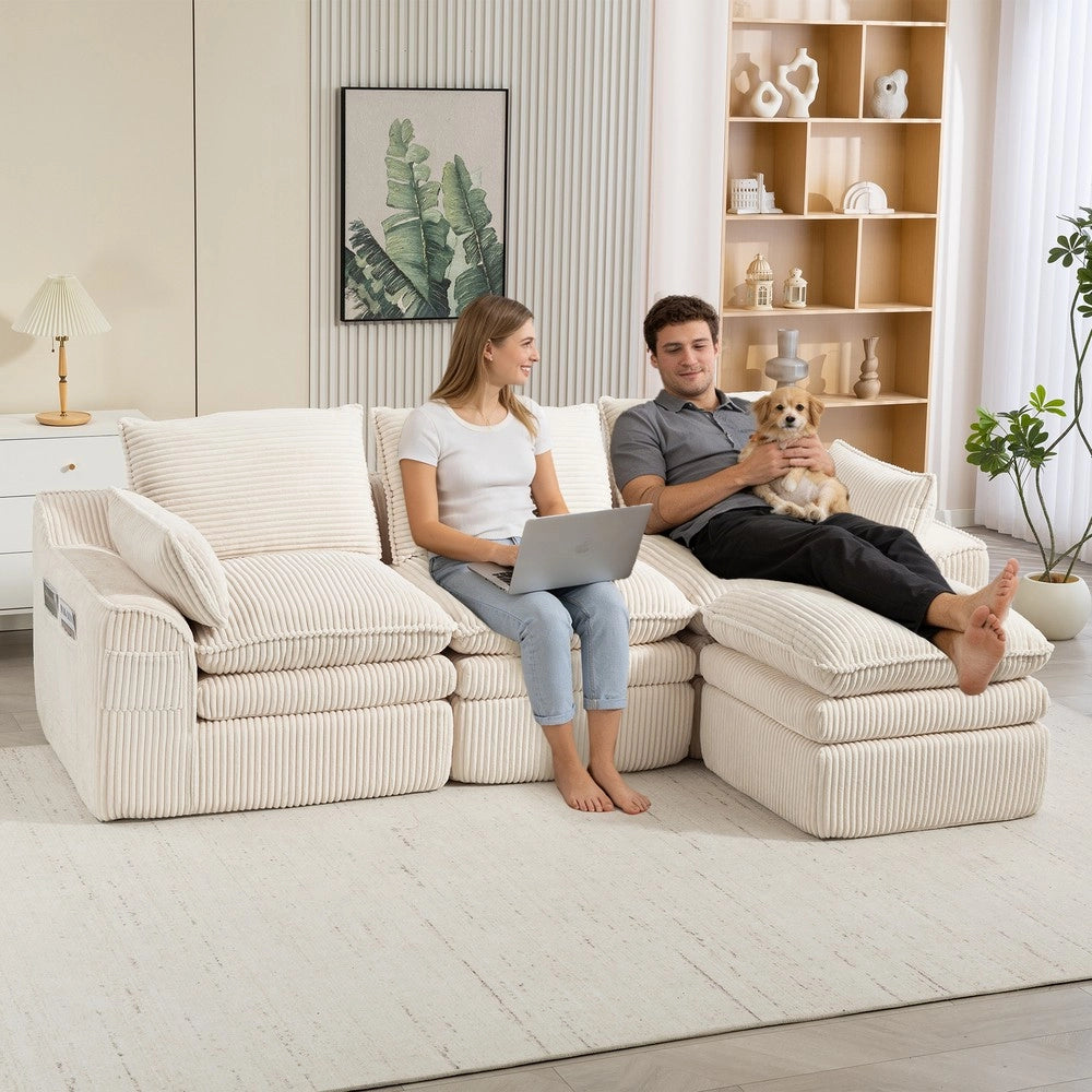 Divano modulare 3 posti con pouf - Zephmum - Beige - Cuscini e tasche laterali, schiuma a 3 strati