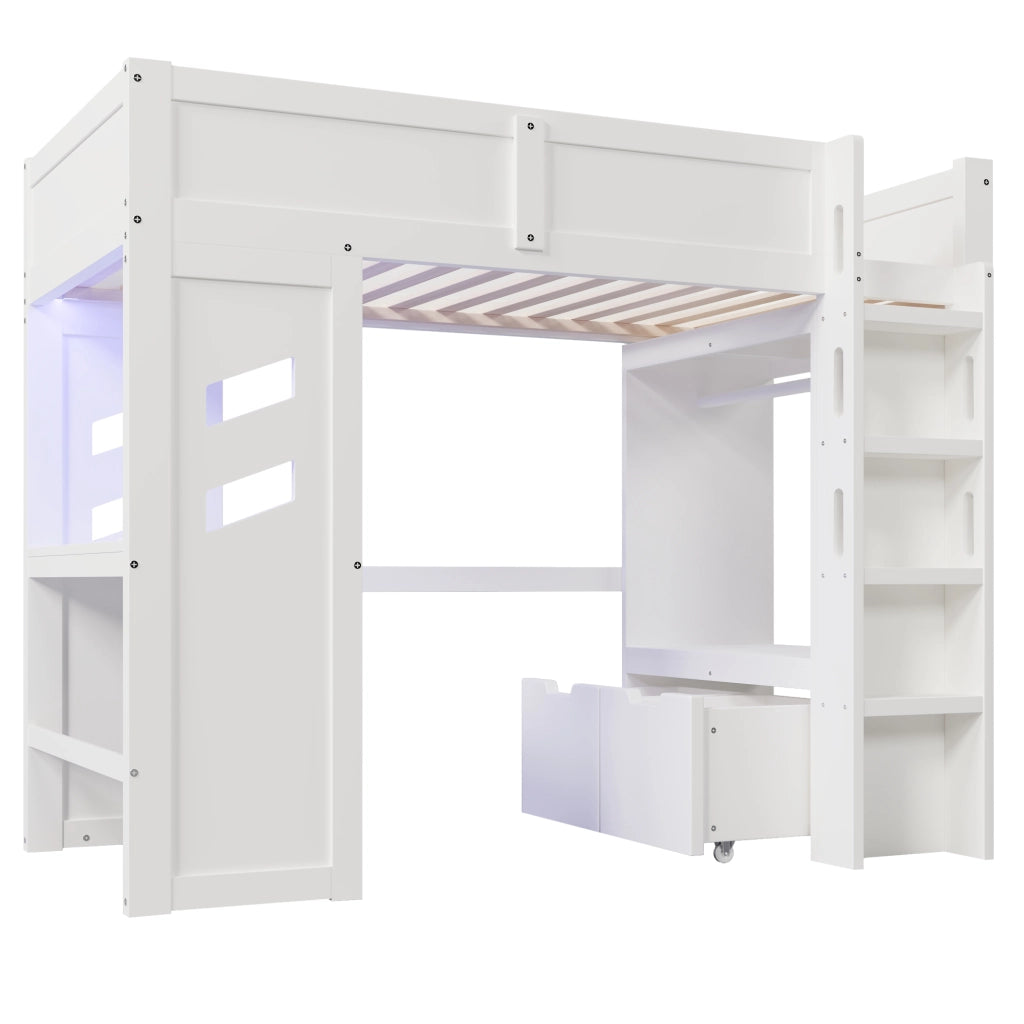 Letto a soppalco 90x200 cm con scrivania, LED, USB e Type-C, 2 cassetti, bianco