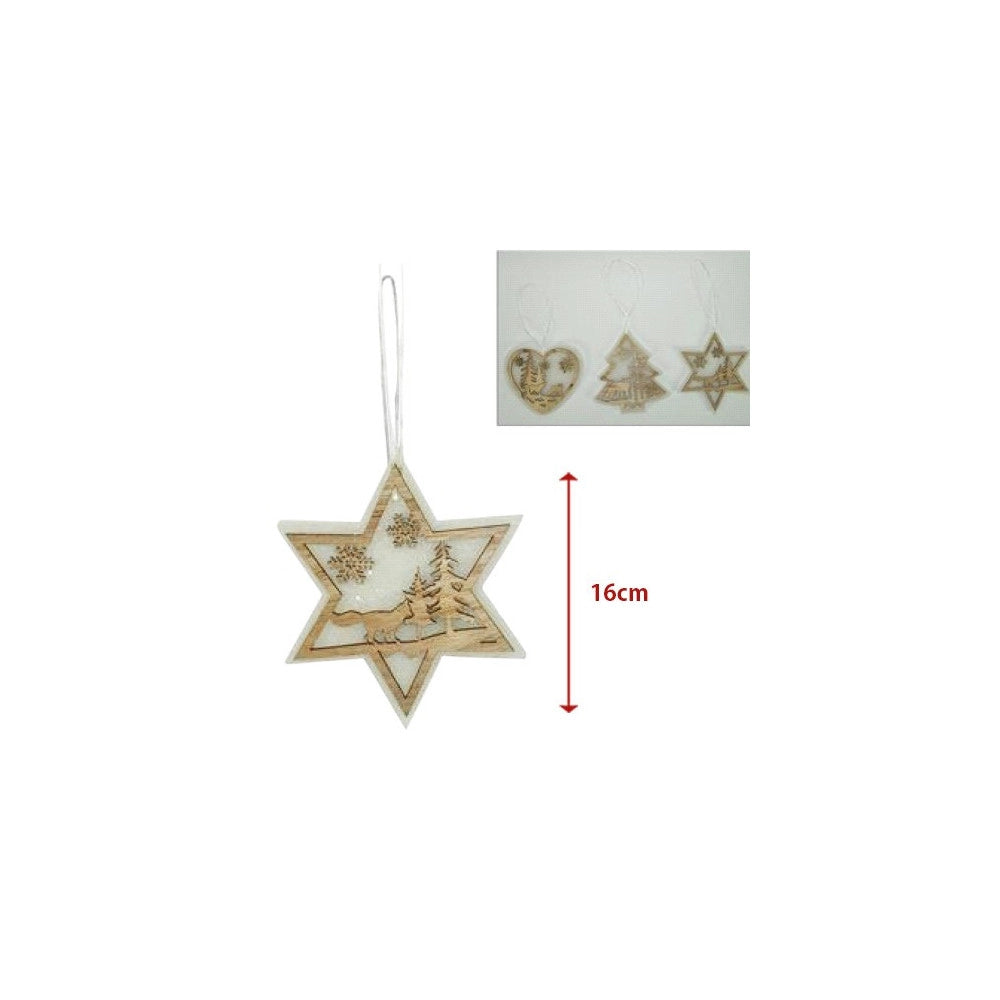 Trade Shop - 3 Appendini Natale In Legno E Ovatta Forma Stella Albero Cuore Con Scenario 16cm -
