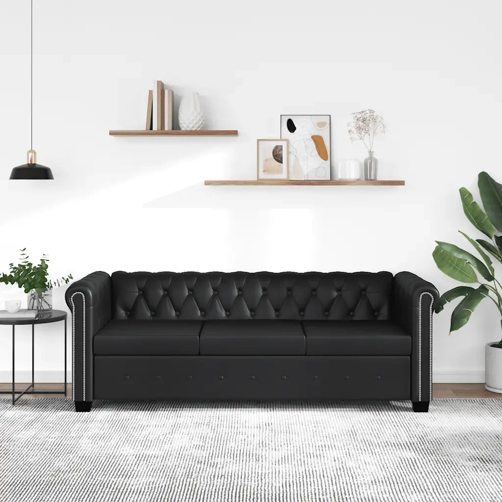Divano Chesterfield a 3 Posti in Finta Pelle Nero 242370