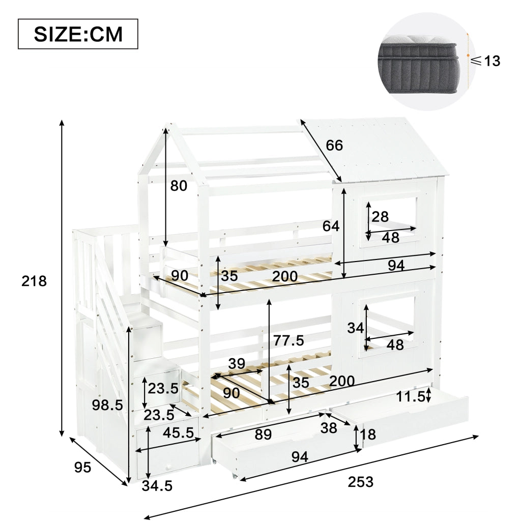 LETTO A CASTELLO 90x200 cm Bianco con scala contenitore e cassetto