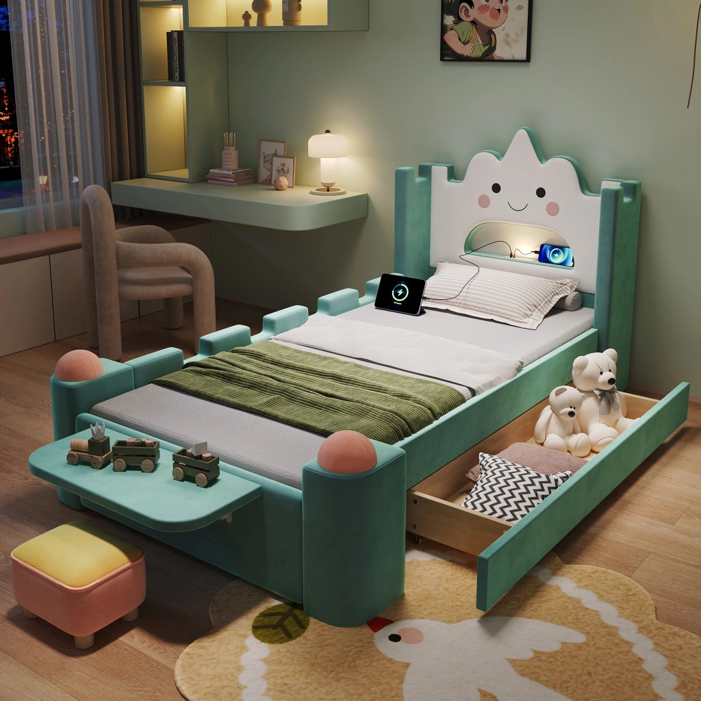 LETTO a nuvola con lampada da lettura e USB 90x200 cm velluto blu/verde