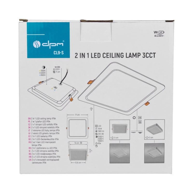 Plafoniera LED bagno 18W 2in1 quadrata nera IP54 DPM