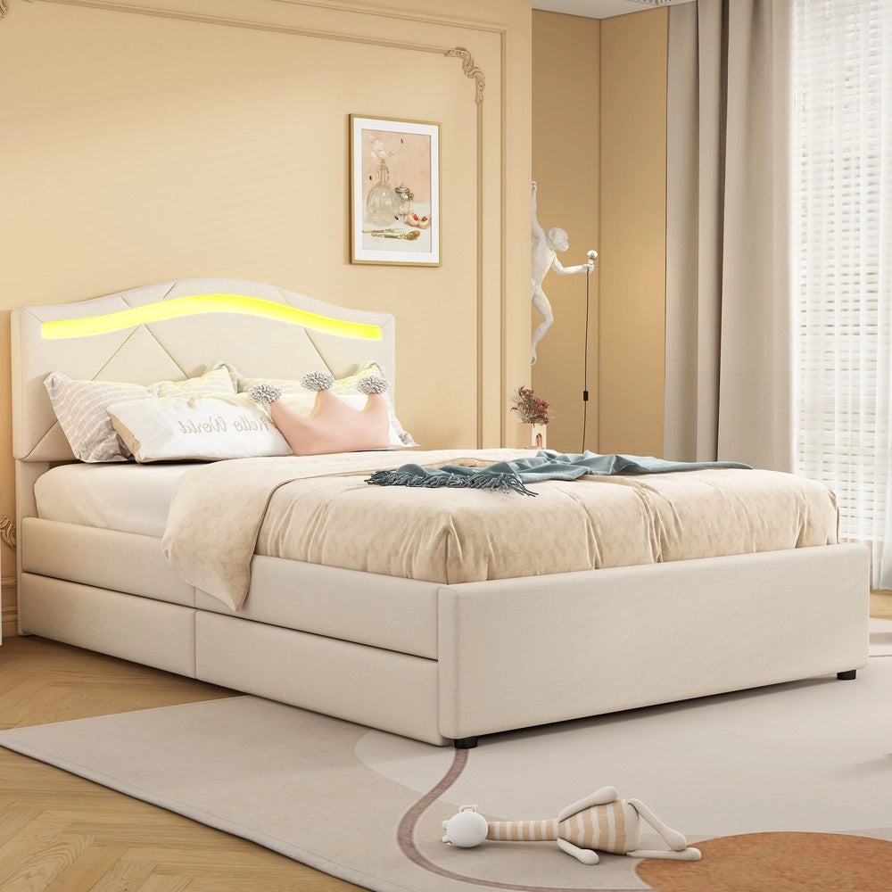 Letto Imbottito con LED e Cassetti ¨C Xylo ¨C Testiera Regolabile, Tessuto Beige, 90x200