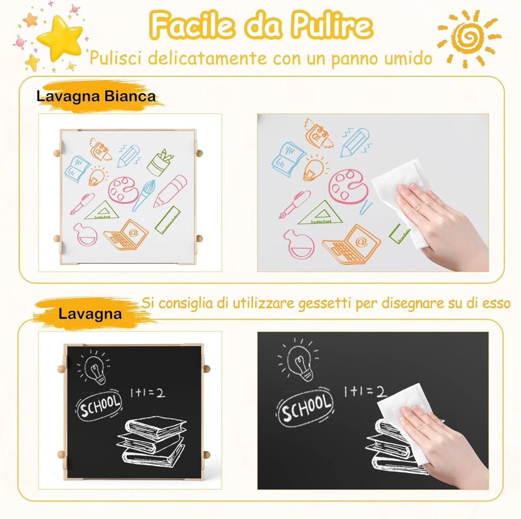 4 in 1 Set Tavolo e Sedie per Bambini 3+ Anni, Tavolo in Legno con Lavagna Reversibile Bianca e Nera, Sedie Ergonomiche con 2 Cassetti Portaoggetti, Ideale per Arti, Mestieri e Giochi (Panda)