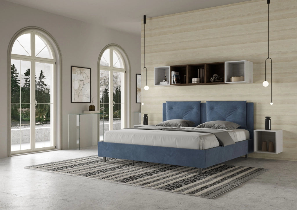 BS COM Letto con rete imbottito 180x200 microfibra blu