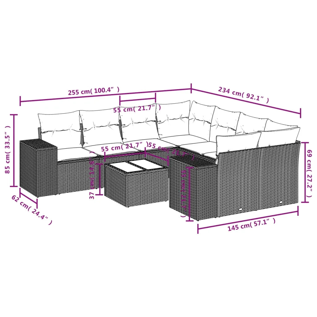 Set Divani da Giardino 9 pz con Cuscini Nero in Polyrattan