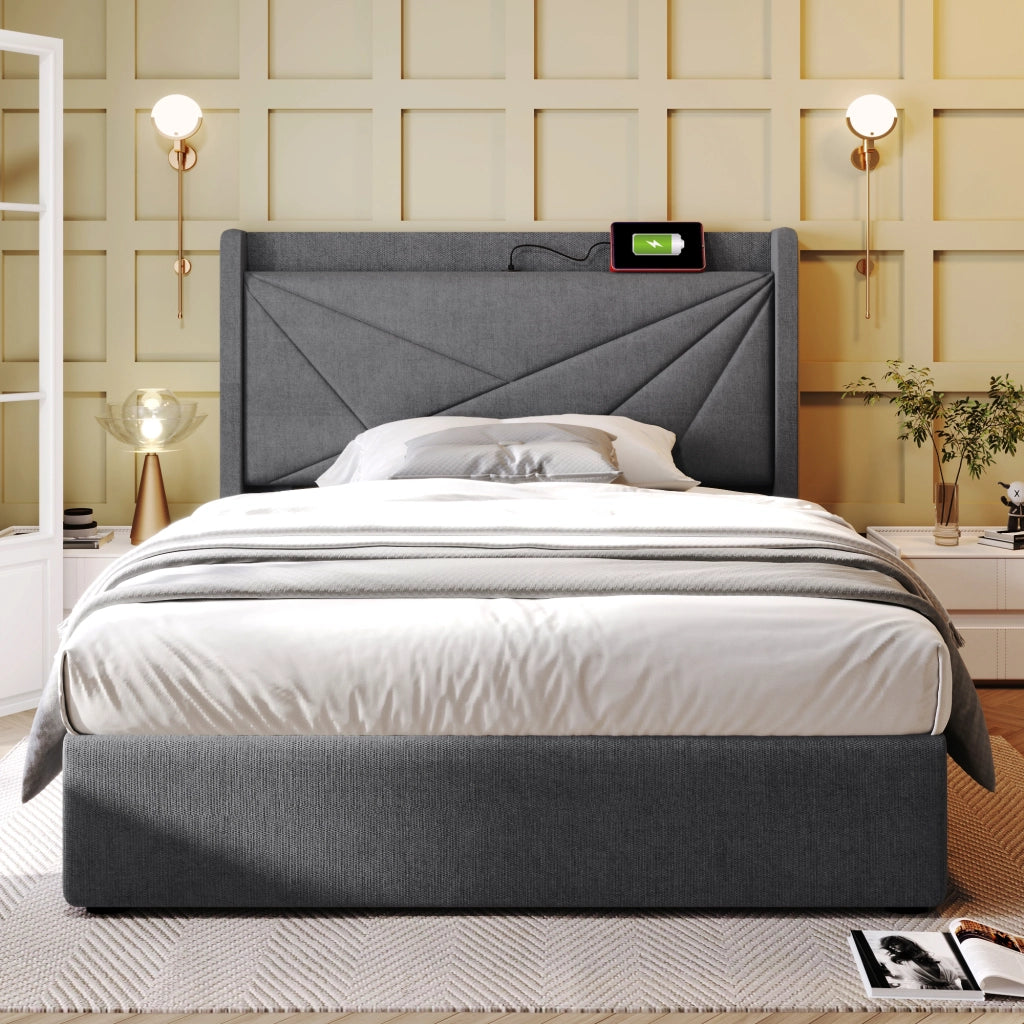 LETTO Contenitore 90x200 cm Grigio in cotone e lino con USB e Type-C