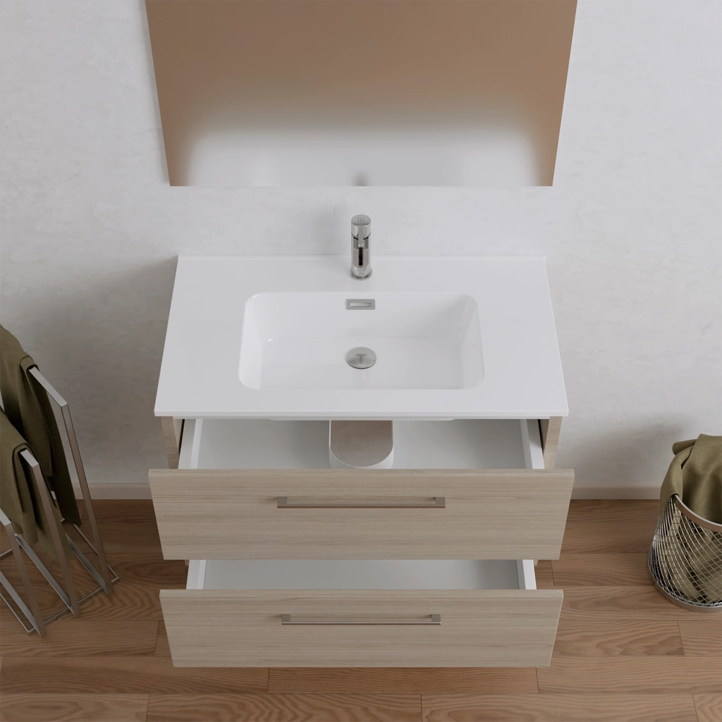 Mobile da bagno sospeso 100cm rovere chiaro con lavabo e specchio | Hana