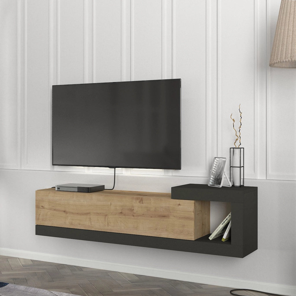 Mobile TV Sospeso 150 x 29,5 x 38,5 cm Mobile Porta TV a Parete Supporto TV a Muro con Anta a Ribalta e Scomparto Laterale Aperto - Effetto Rovere / Antracite [en.casa]