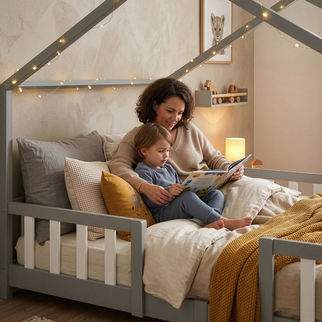 Letto per Cameretta Treviolo a Forma di Casetta in Stile Montessori 140x200 cm Grigio Chiaro/Bianco [en.casa]