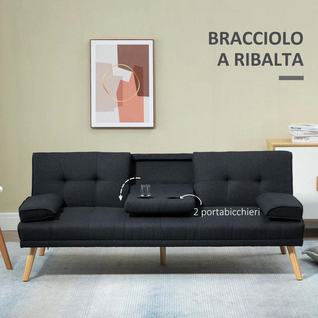 Divano Letto 3 Posti Reclinabile ¨C Minimal ¨C Grigio Tessuto Effetto Lino con Tavolino