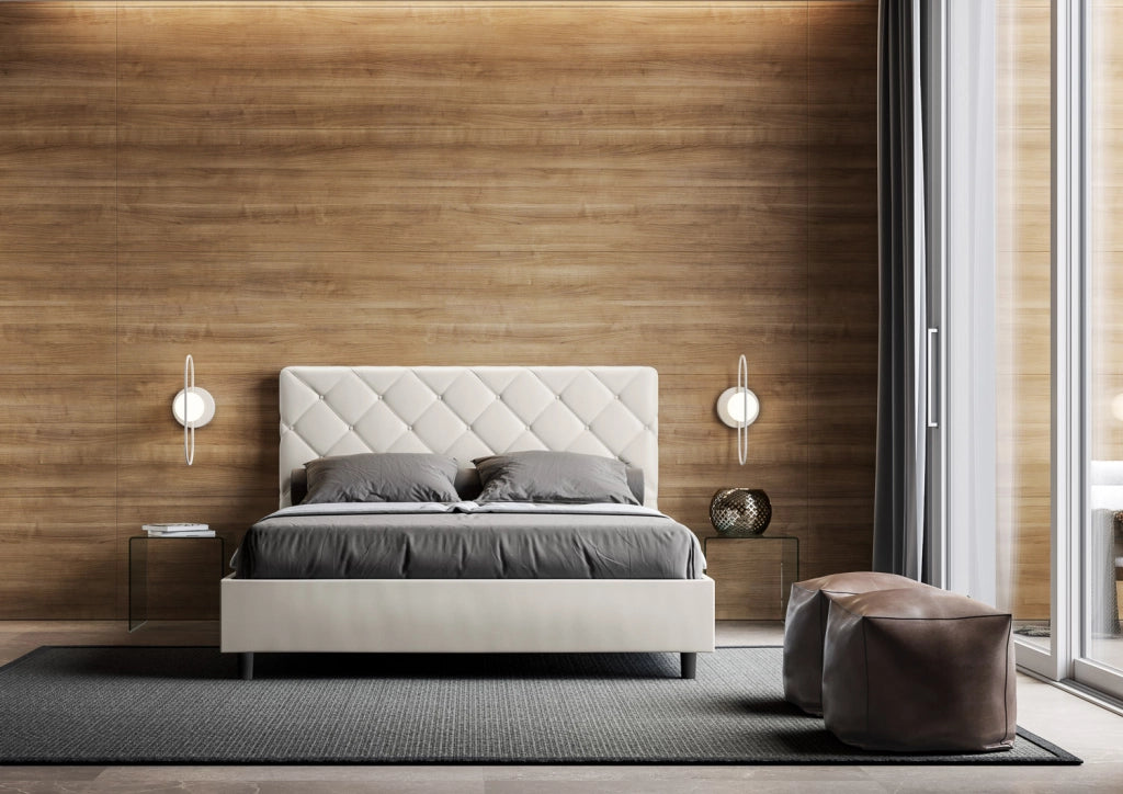 BS COM Letto matrimoniale con rete imbottito 160x200 similpelle bianco