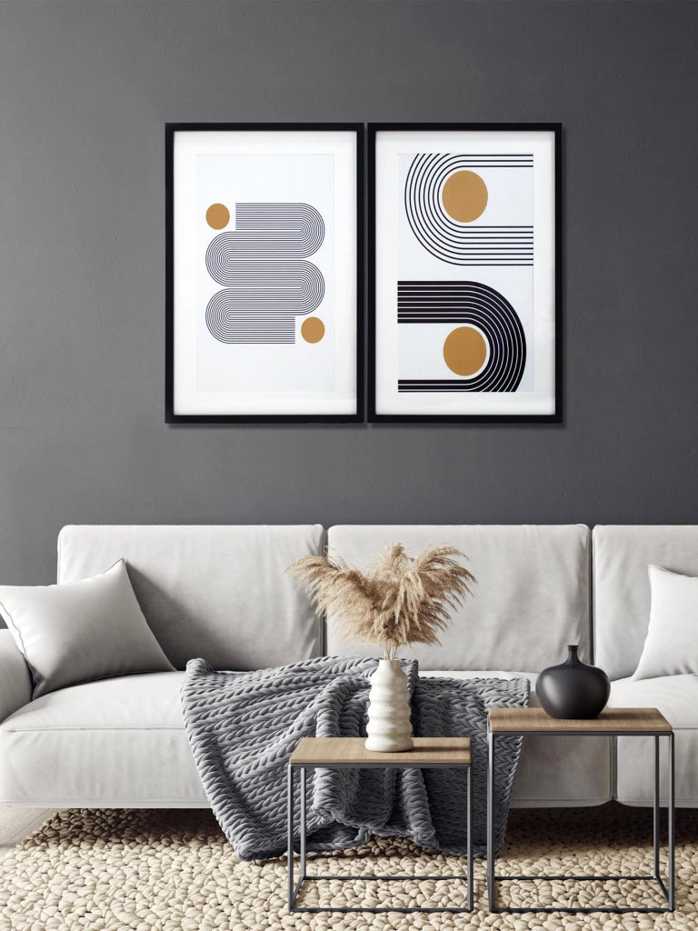 Set di 2 stampe Hispanohogar incorniciate geometriche bianco e nero 60x40