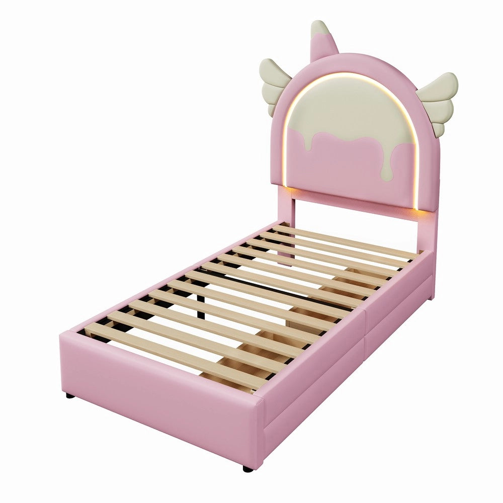 Letto Imbottito Singolo con Cassetti e LED ¨C MINIMAL ¨C Rosa, PU, 90x200
