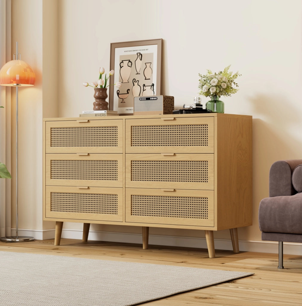 Cassettiera vintage con 6 cassetti 120x40x76;5 cm in truciolare effetto rovere