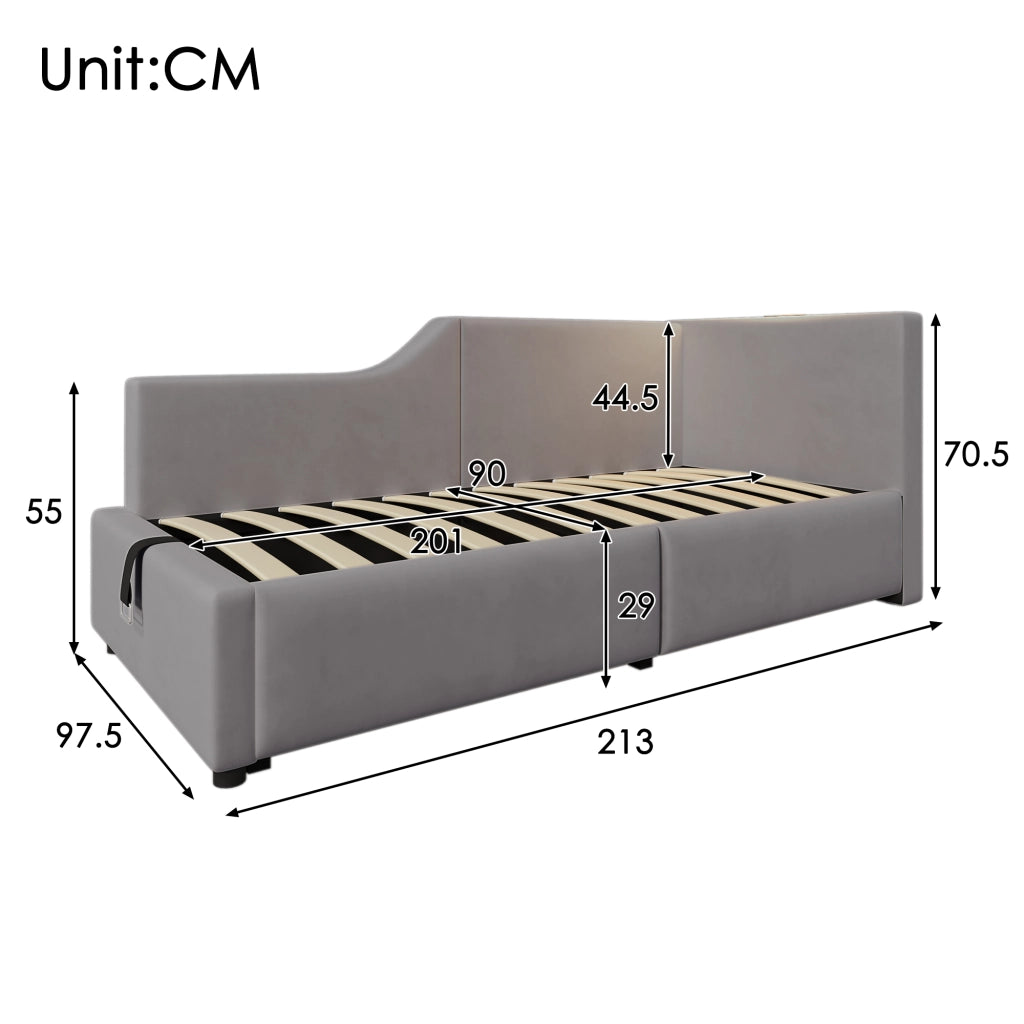 LETTO Contenitore 90x200 cm in velluto grigio con lampada da lettura e USB-C