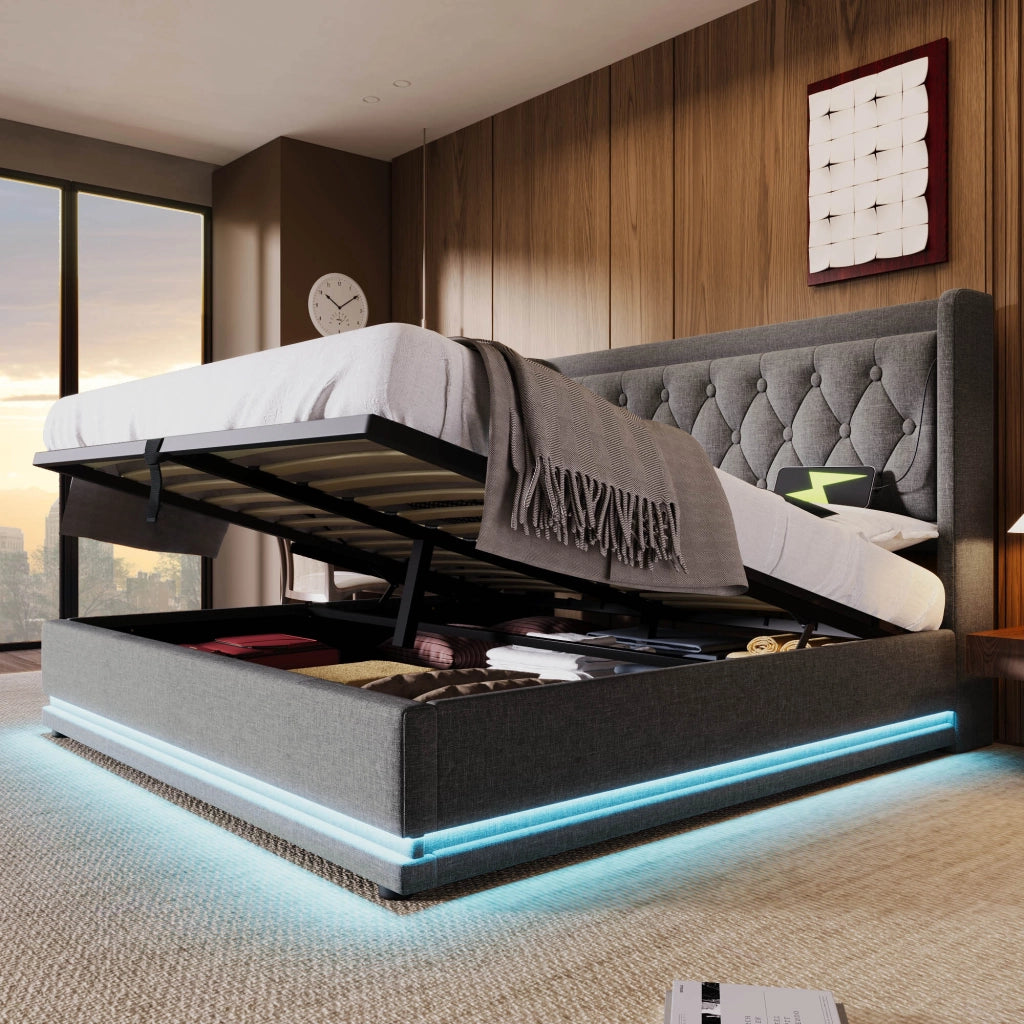 LETTO contenitore 160x200 cm in cotone grigio con LED, USB, Type-C e materasso