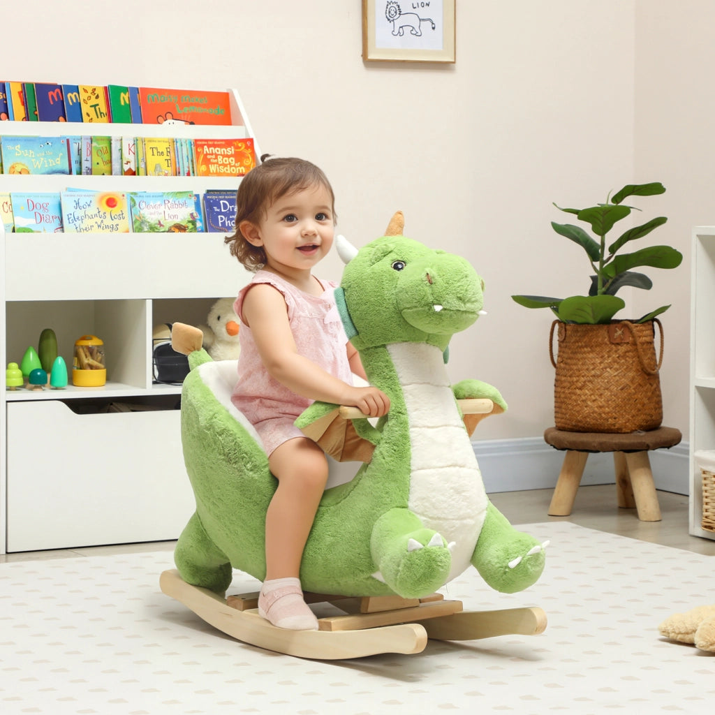 Cavallo a dondolo in peluche ¨C Xylo ¨C base legno con suono, verde, 18-36 mesi