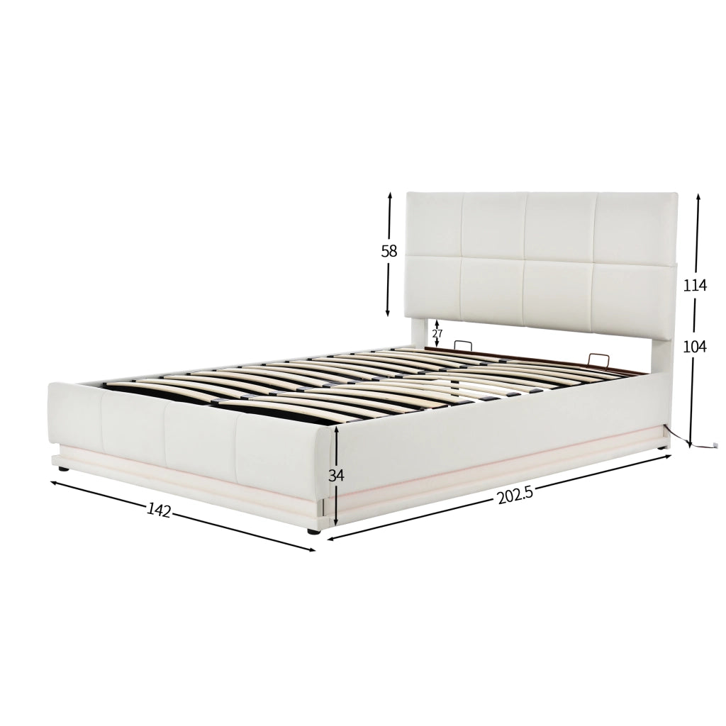 LETTO Contenitore 140x200 cm in pelle bianca con LED