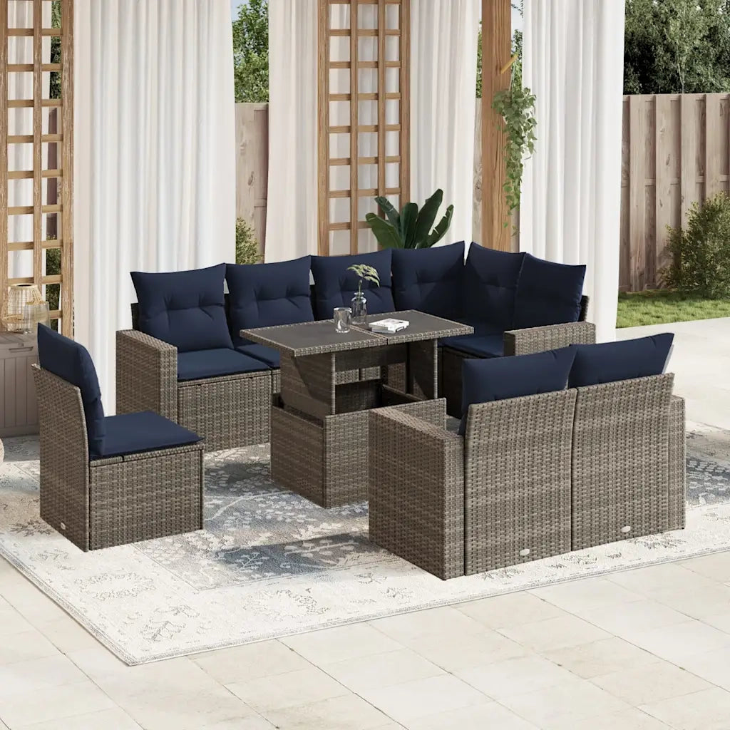 Set Divani da Giardino 9 pz con Cuscini Grigio in Polyrattan 3267411