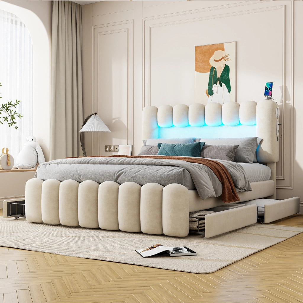 Letto imbottito con LED e stereo - Zephmum- 160x200cm- Beige- 4 cassetti