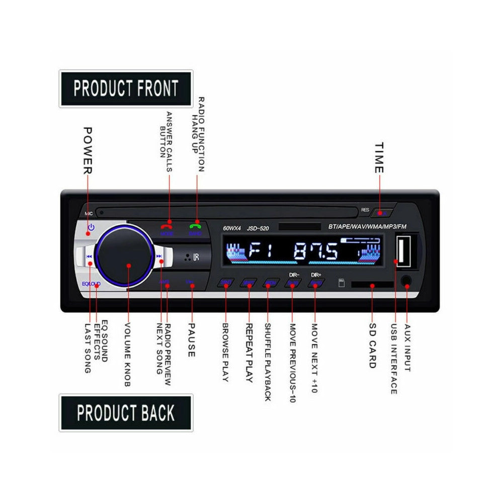 Trade Shop - Autoradio Lettore Mp3 Ca001b Sistema Audio Auto Universale 1 Din Bluetooth Aux -