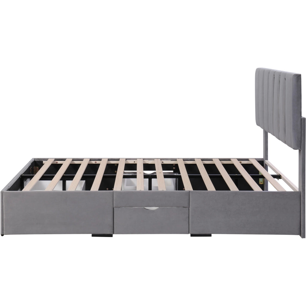 LETTO Imbottito 140x200 cm in velluto grigio con 4 cassetti