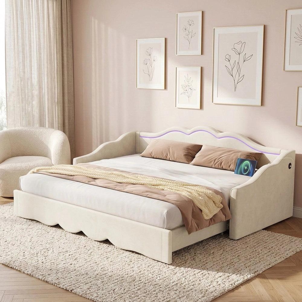Letto a giorno - Zephmum-90x200 cm, estendibile a 180 cm, LED, USB, velluto beige