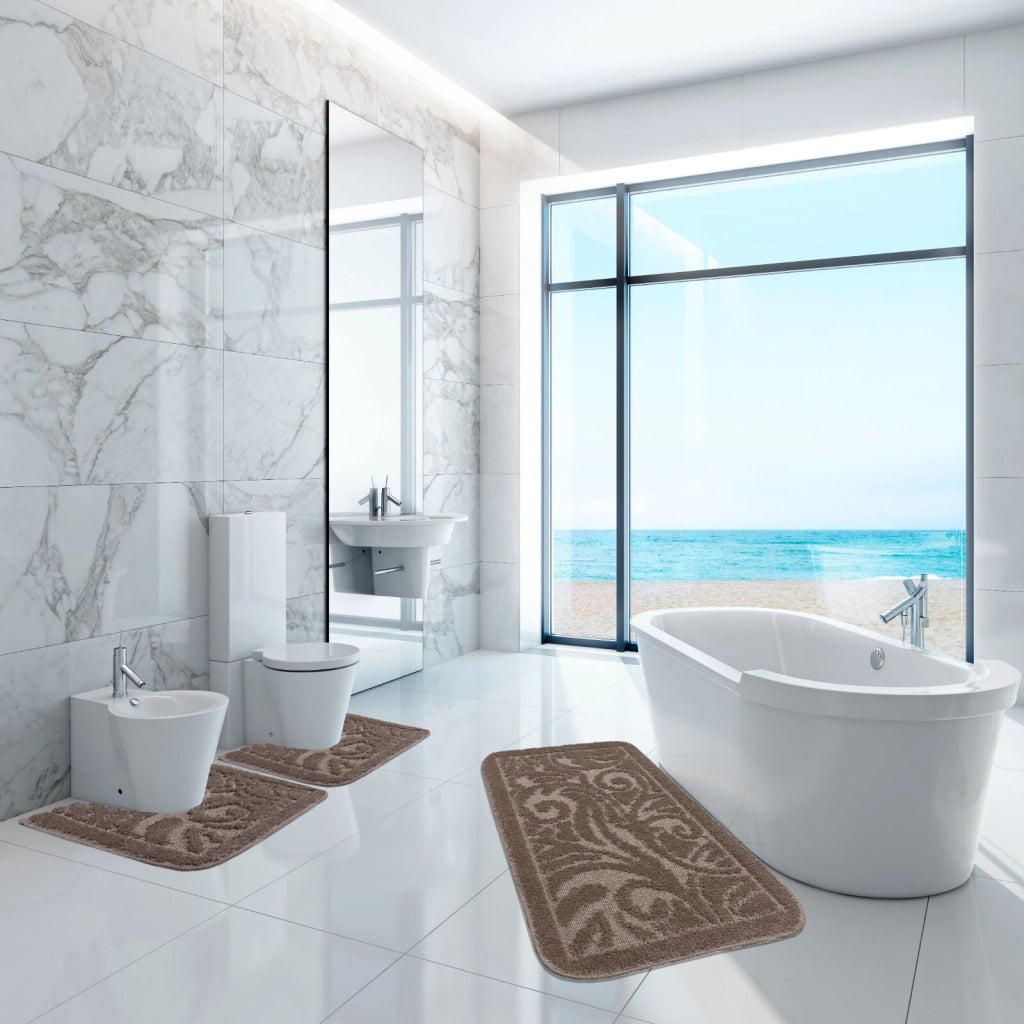 Tappeto Bagno Damascato Parure Marrone Morbido Soffice Assorbente Antiscivolo Lavabile